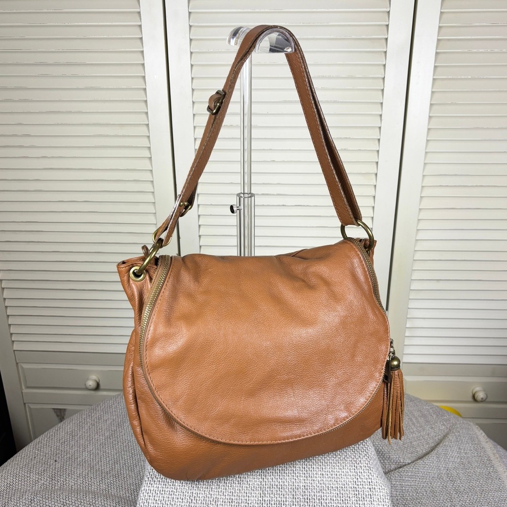 Tuscany Leather Convertible Tan Leather Hobo Bag Tassel Handmade in Italy